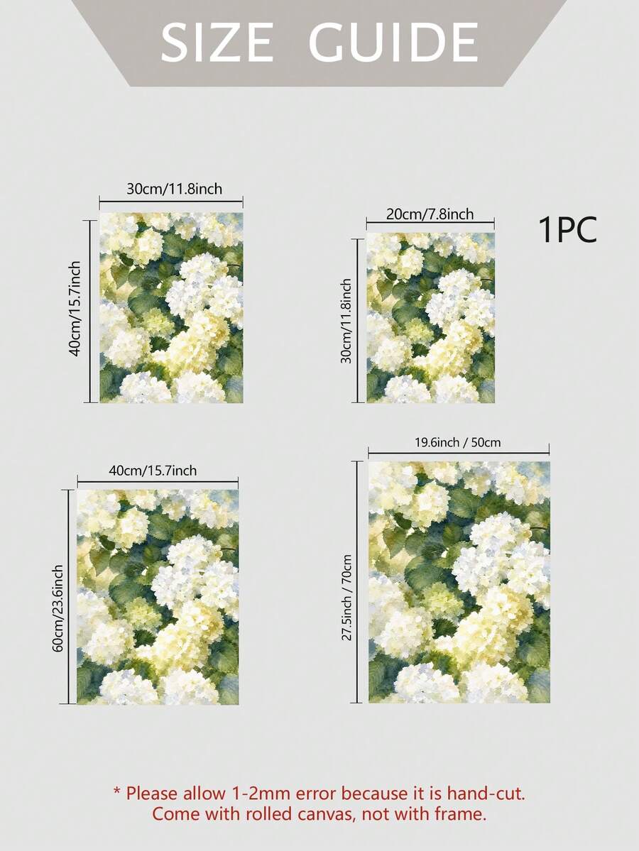Size guide showing four canvas dimensions for white hydrangea floral artwork