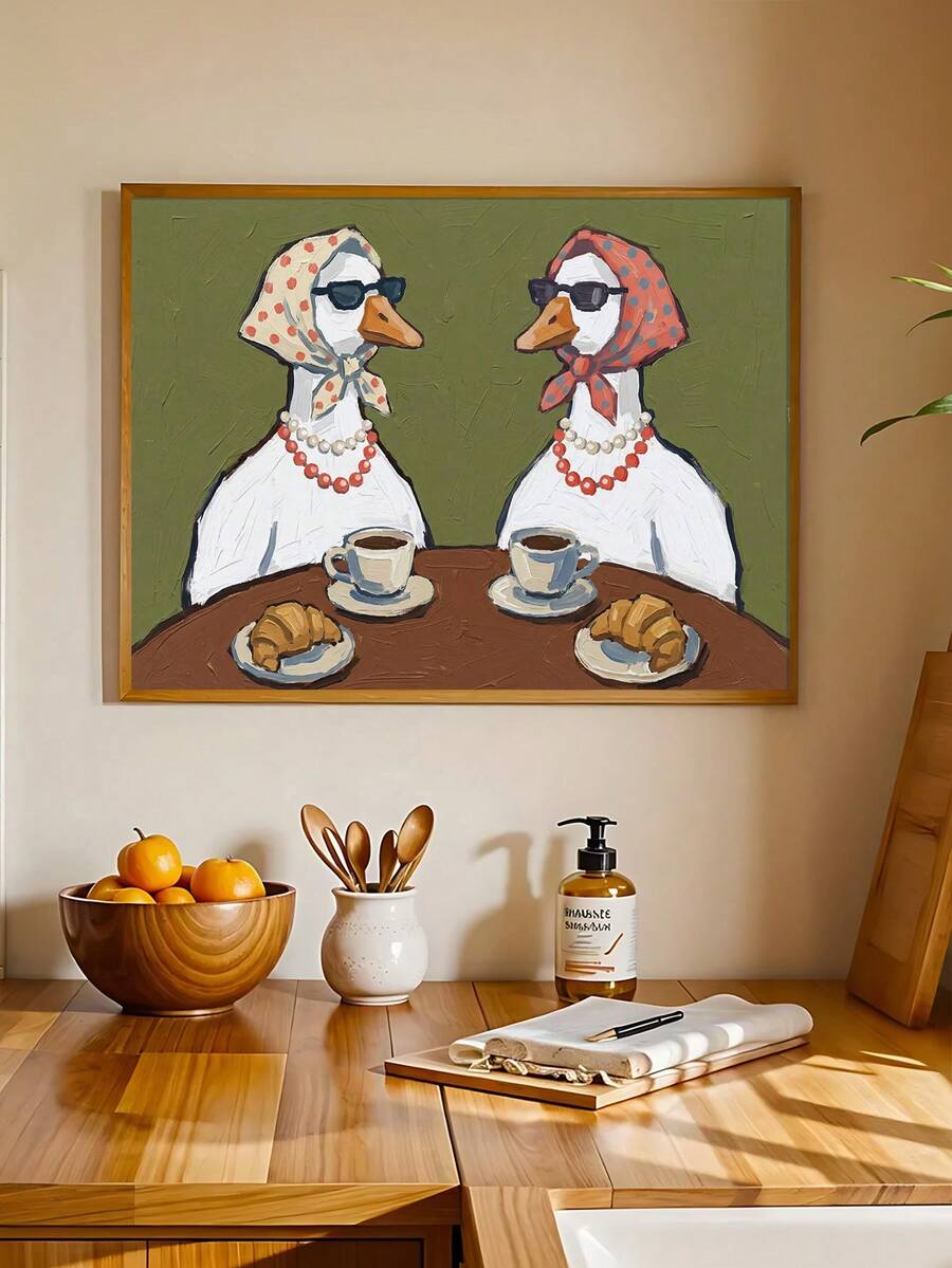 Retro animal canvas print displayed in a warm wood framed kitchen interior