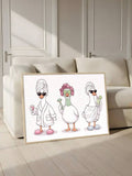 Painted spa ducks wall art with wine and cheese above a record player