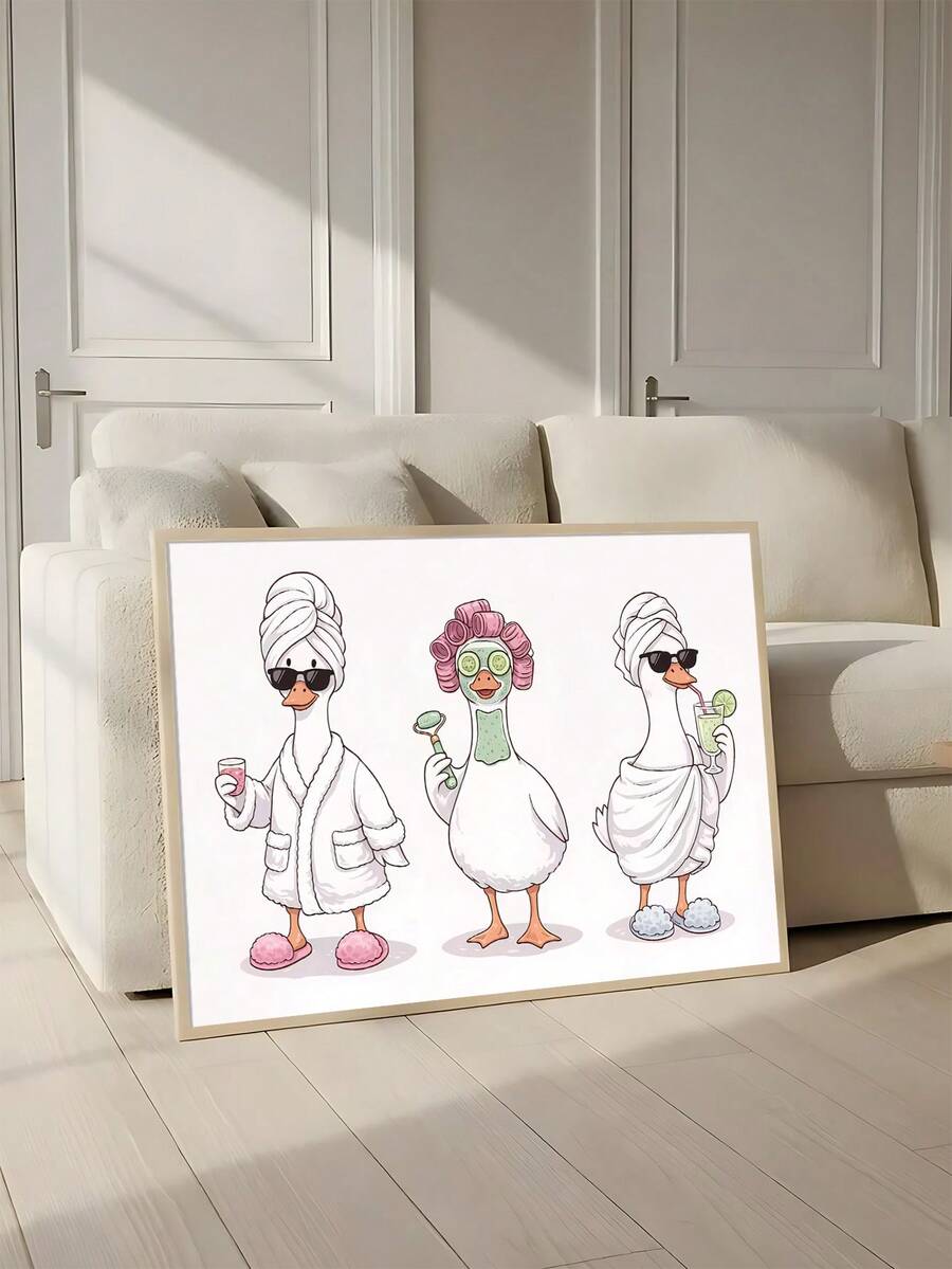 Painted spa ducks wall art with wine and cheese above a record player