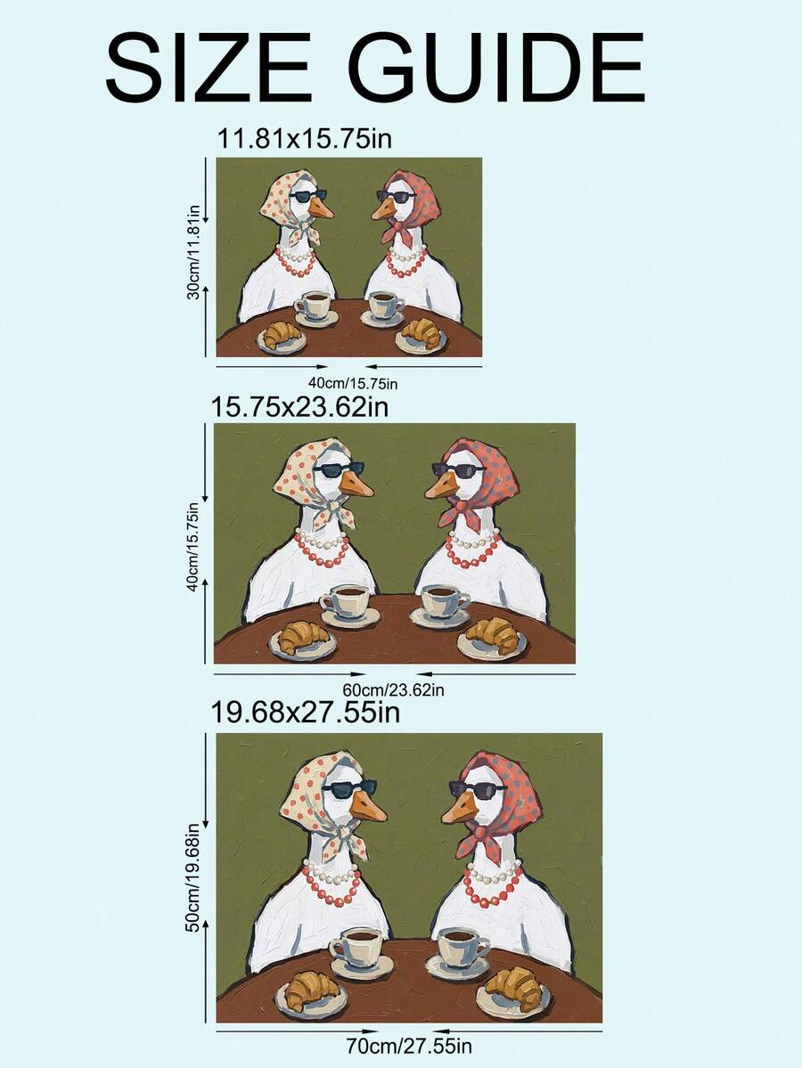Size guide for funny goose and spa ducks canvas poster with available dimensions