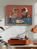 Goose kitchen wall art with sunglasses headscarves and pastries in a wood frame