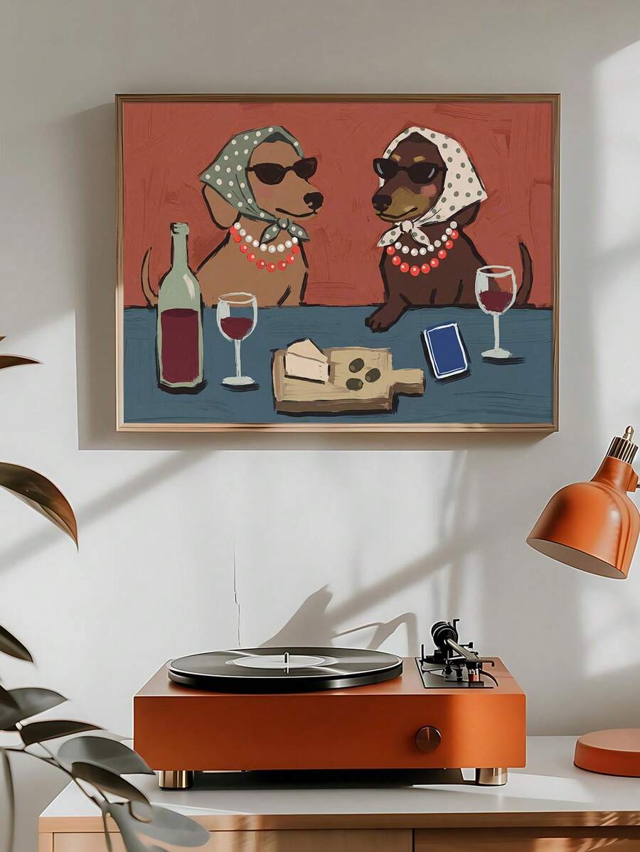 Goose kitchen wall art with sunglasses headscarves and pastries in a wood frame