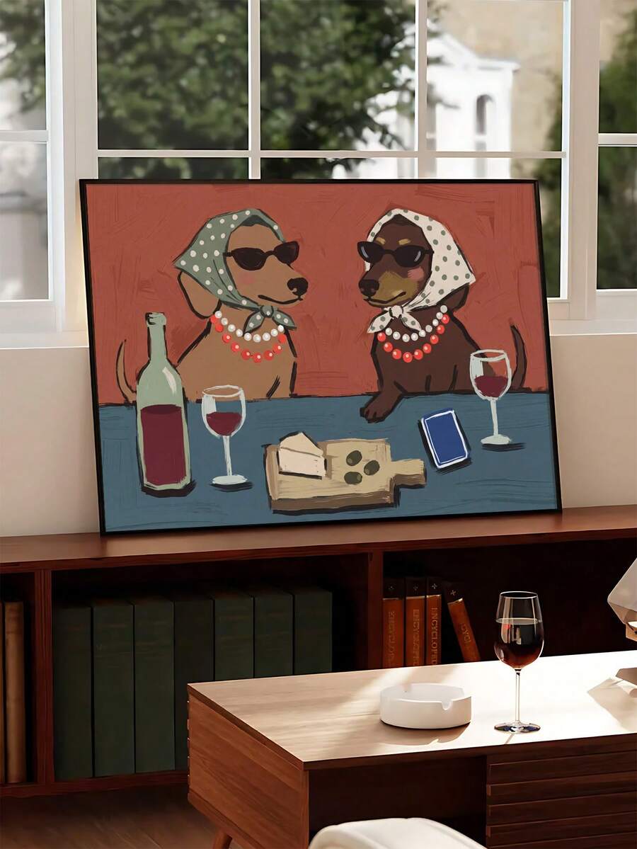Funny bird coffee poster leaning beneath a dining table in a modern room