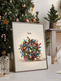 Sarcastic holiday wall art with tangled colorful lights beside a Christmas tree