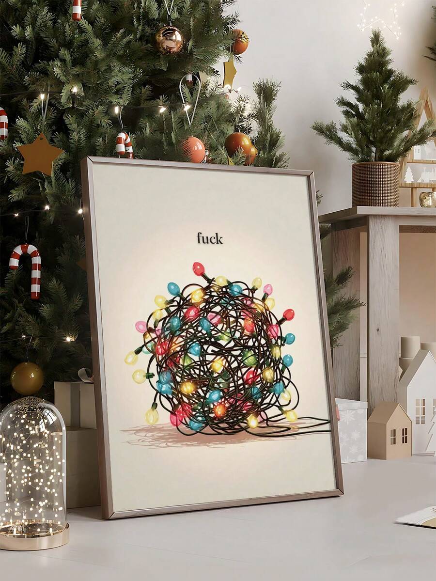 Sarcastic holiday wall art with tangled colorful lights beside a Christmas tree