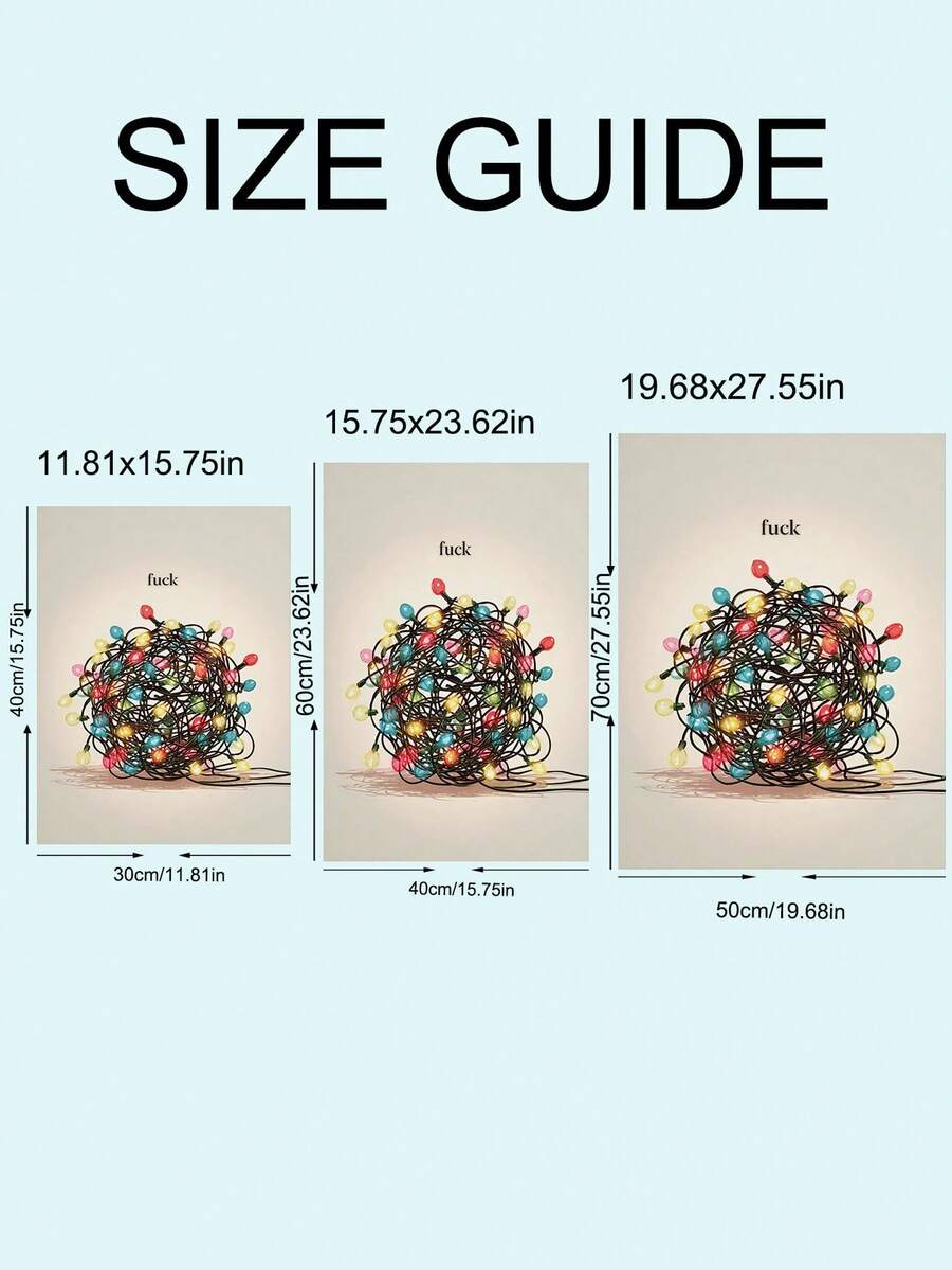 Size guide for funny tangled Christmas lights canvas poster with available dimensions