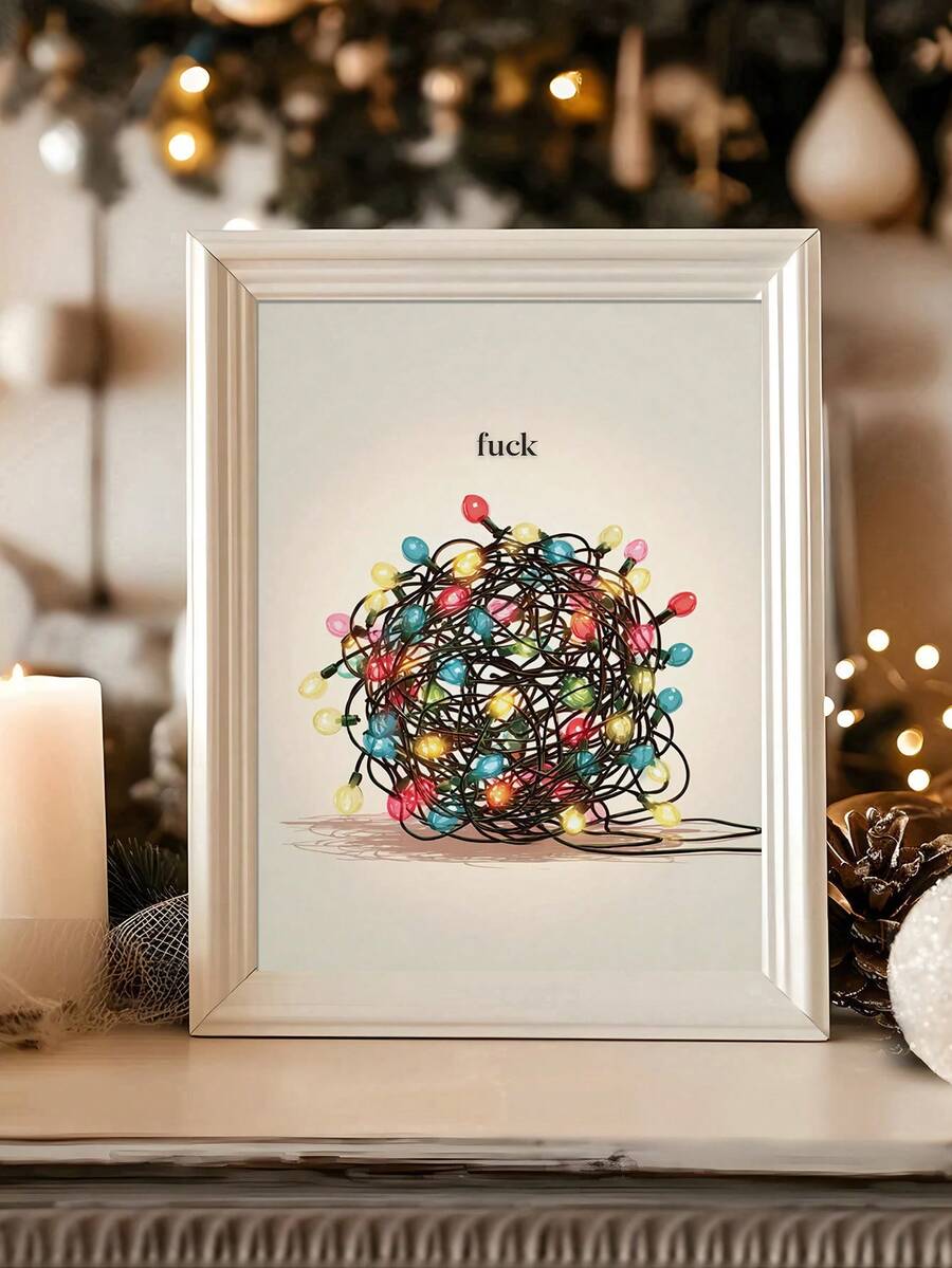Tangled multicolor lights poster in a white frame on a holiday mantel