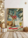 Vintage reindeer Christmas print with champagne flute and snowy pine forest