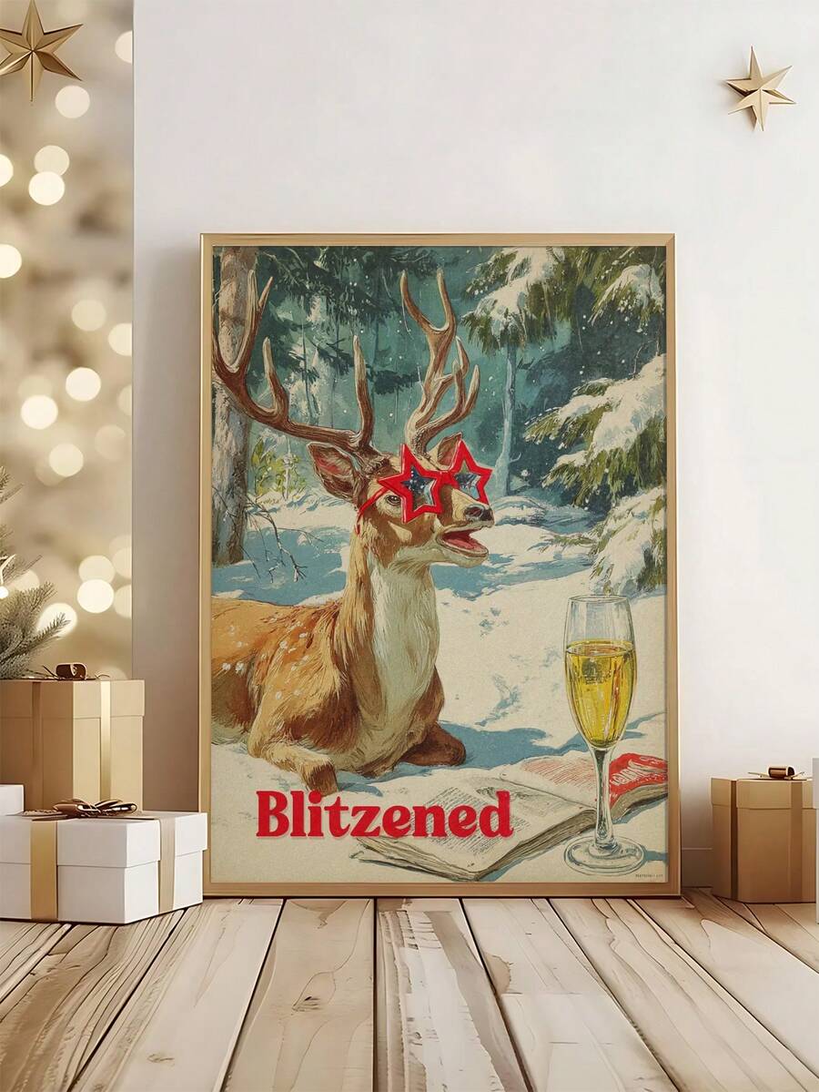 Vintage reindeer Christmas print with champagne flute and snowy pine forest