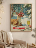 Blitzened reindeer wall art in a gold frame beside wrapped Christmas gifts