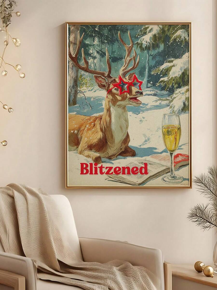 Blitzened reindeer wall art in a gold frame beside wrapped Christmas gifts