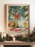 Blitzened reindeer canvas poster with red star glasses above a decorated mantel
