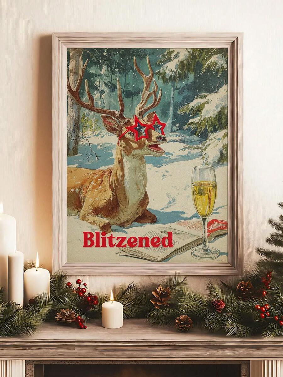 Blitzened reindeer canvas poster with red star glasses above a decorated mantel