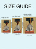 Abstract African woman art poster in a black frame above a minimalist wooden console