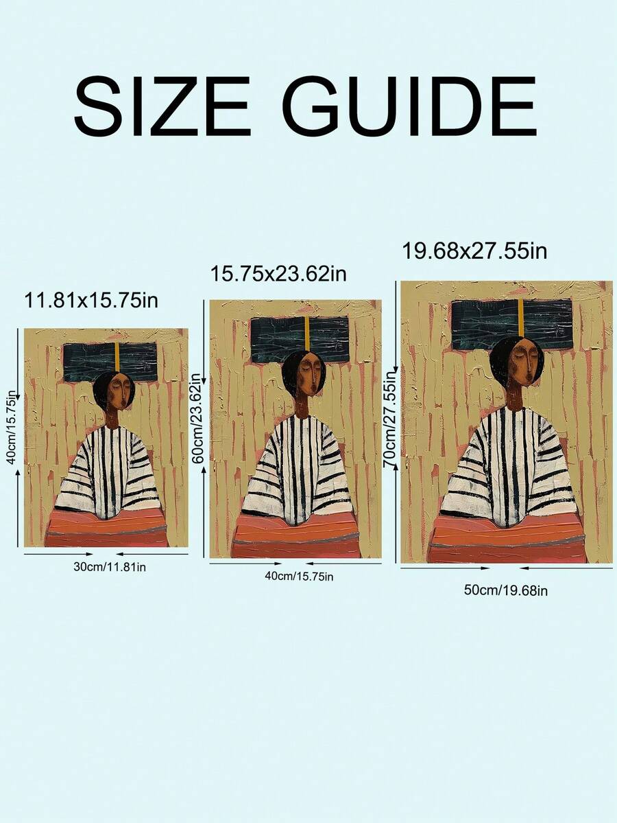 Abstract African woman art poster in a black frame above a minimalist wooden console