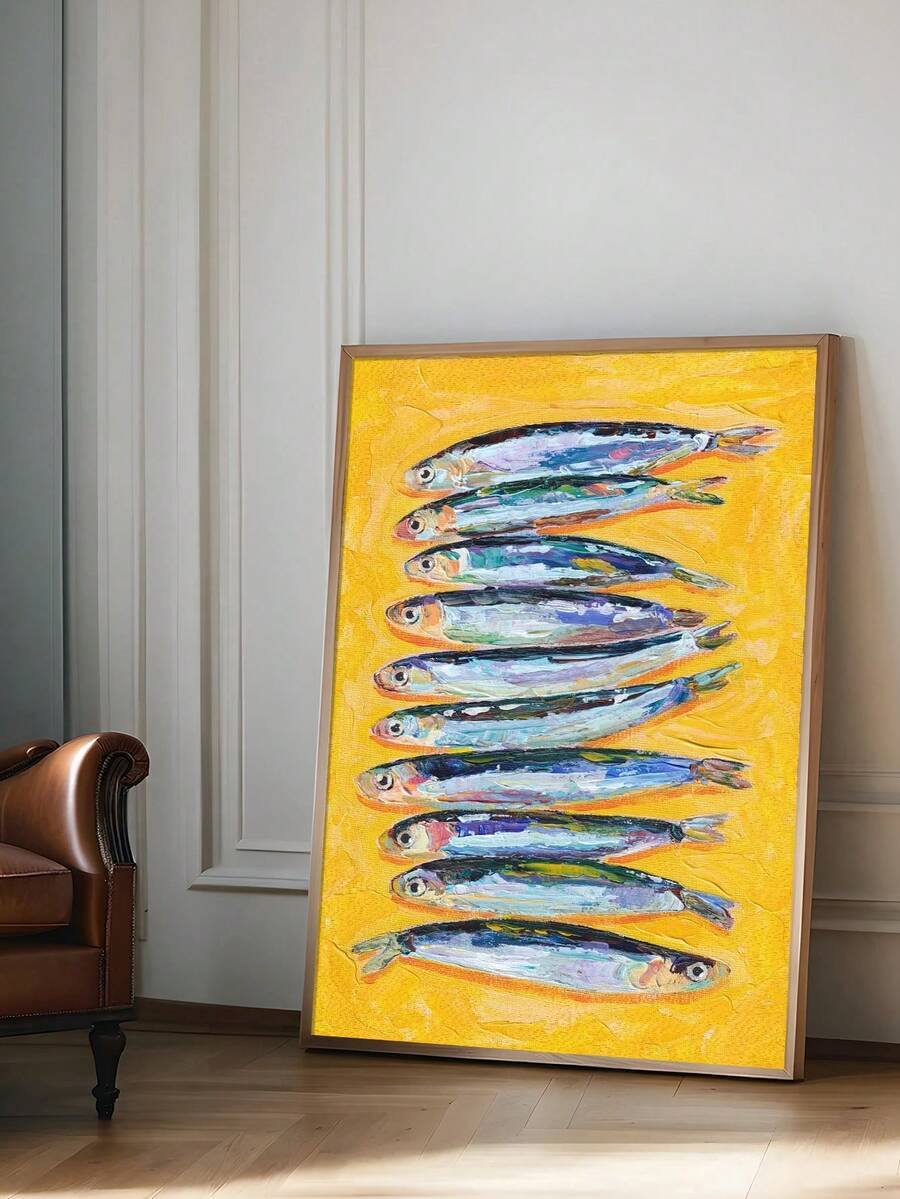 Colorful sardine wall art in a sunlit room with plants and woven storage
