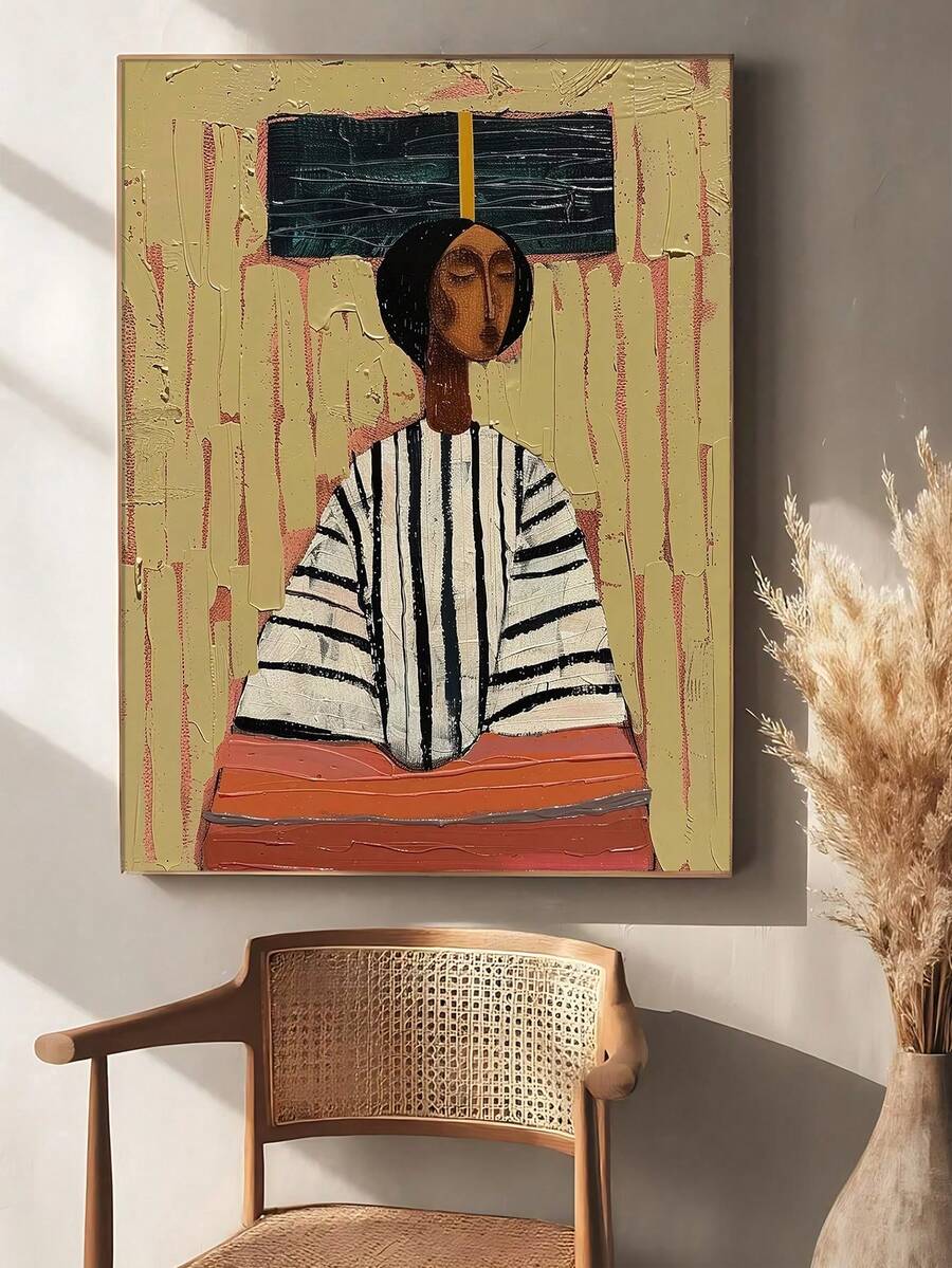 Textured abstract woman wall art displayed above a woven chair and dried grasses