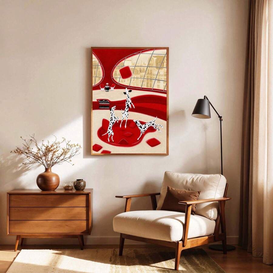 Three spotted Dalmatians in a vivid red room, framed canvas above a modern cream sofa
