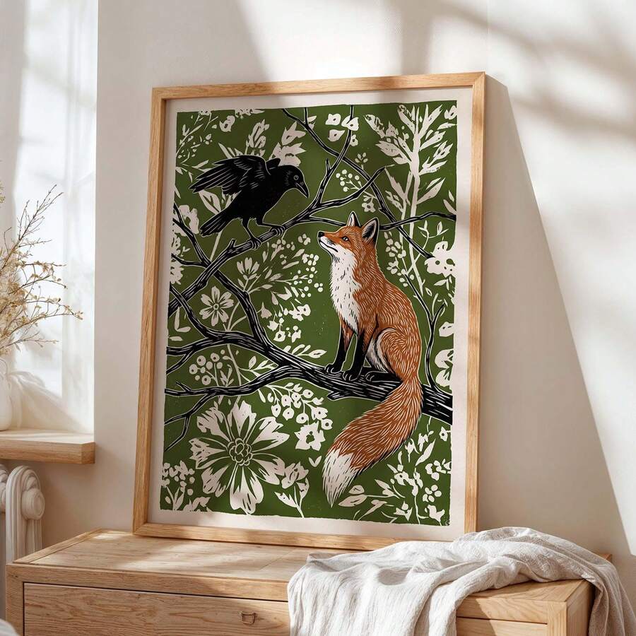 Framed fox and crow folk art poster with cream wildflowers on moss green