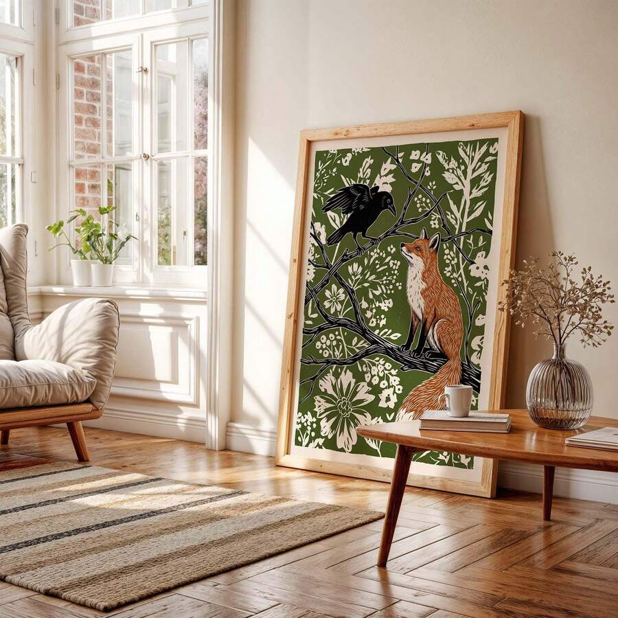 Framed fox and crow botanical art leaning beside a sunlit lounge chair