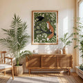 Woodland fox and crow canvas centered above a console in a bright living room