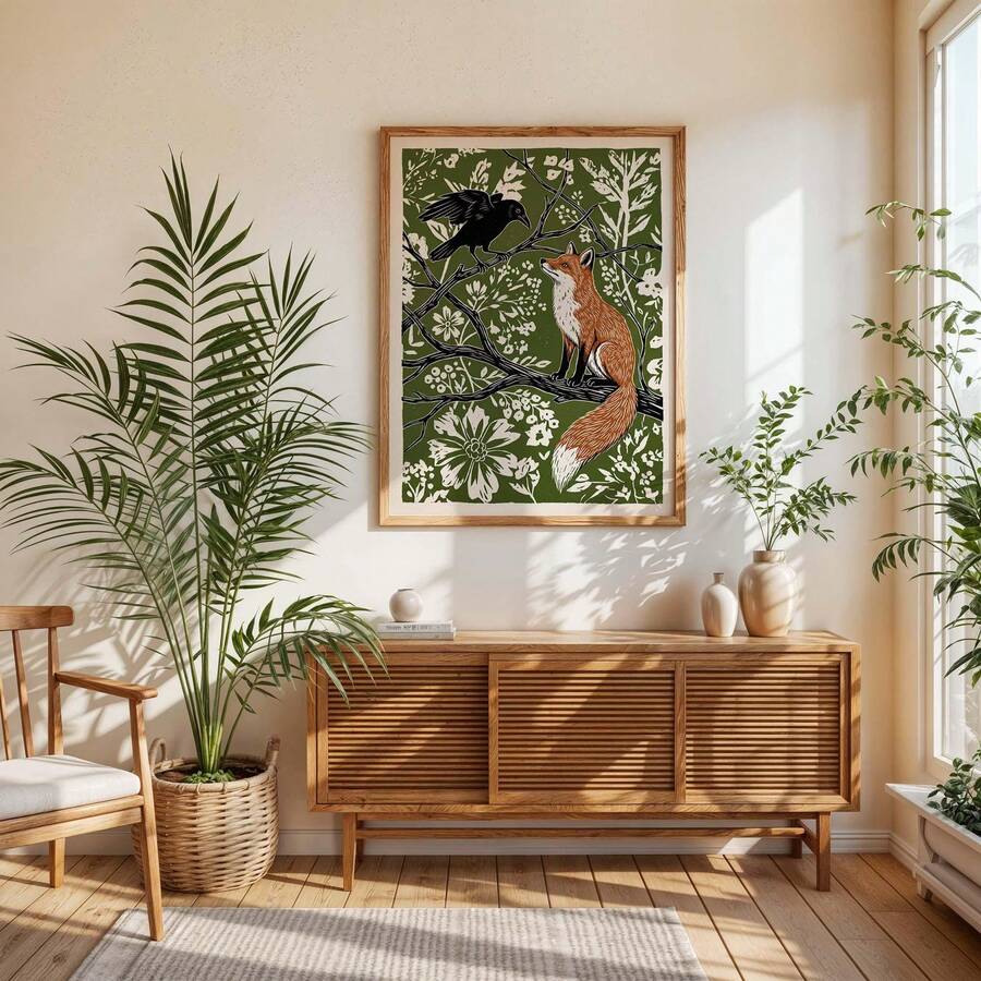 Woodland fox and crow canvas centered above a console in a bright living room