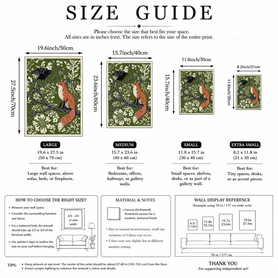 Size guide showing four dimensions for the fox and crow canvas poster
