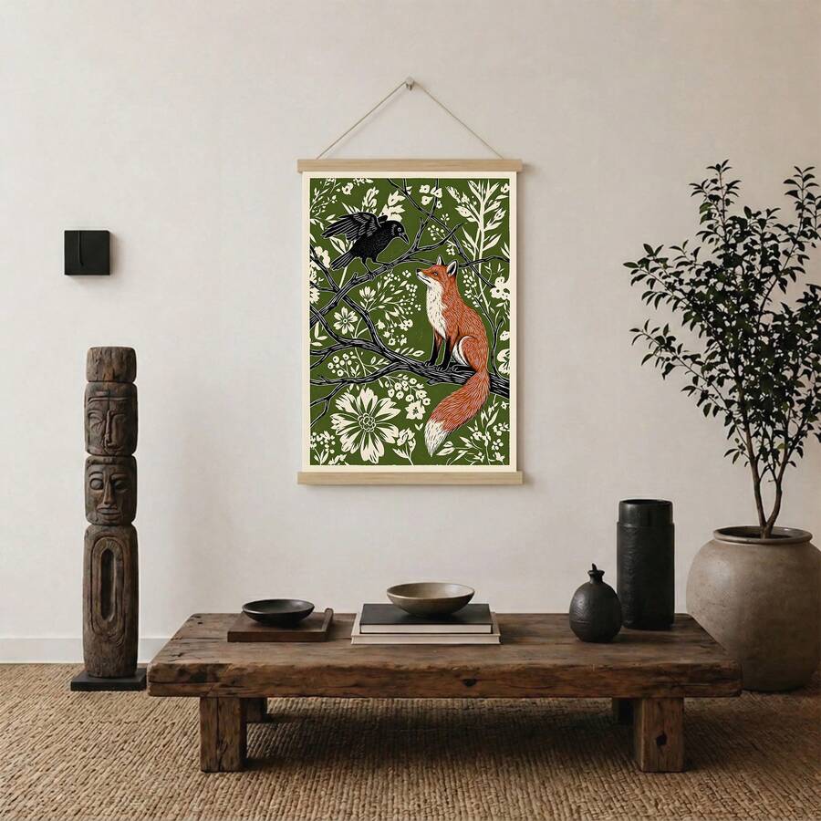 Wooden hanging-scroll canvas showing woodland animals and botanical branches