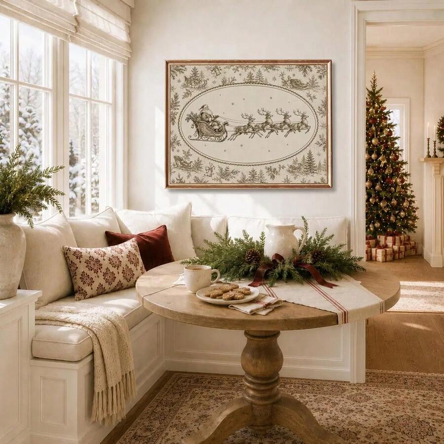 Vintage Santa and reindeer wall art above a cream breakfast nook beside a round table and Christmas greenery