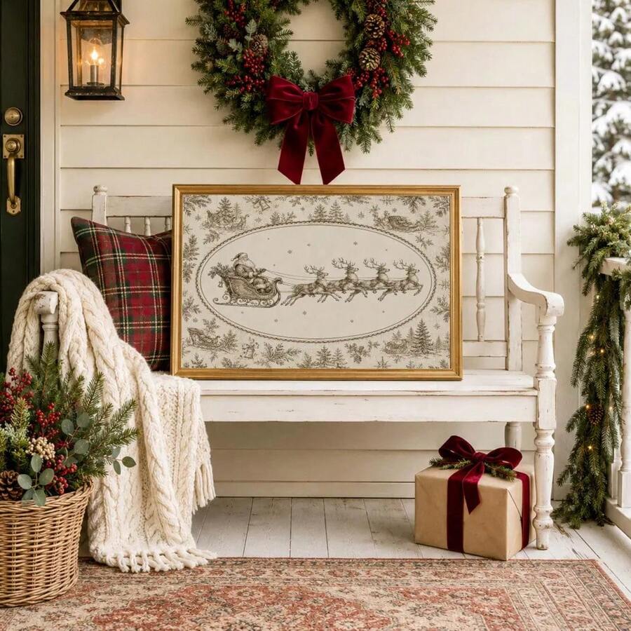 Framed Santa sleigh and reindeer artwork on a white porch bench beneath an evergreen wreath with a red bow