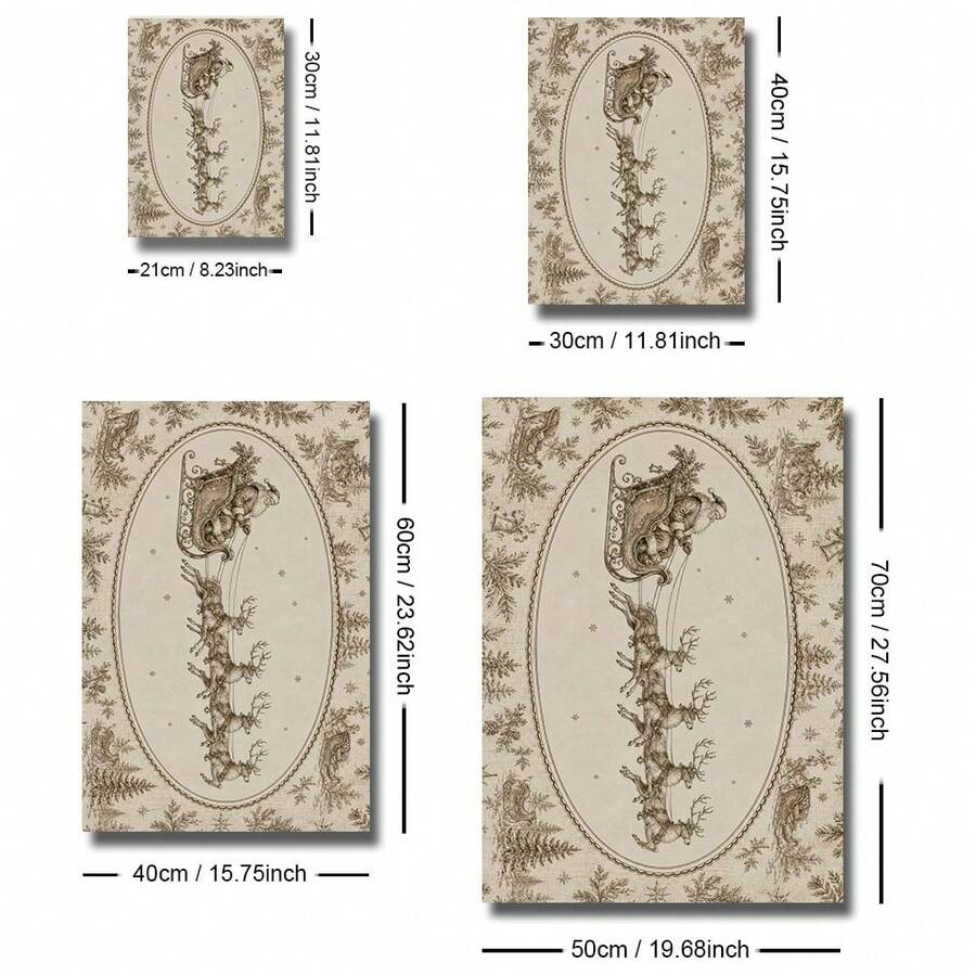 Size guide for Santa sleigh canvas artwork showing 21 by 30, 30 by 40, 40 by 60 and 50 by 70 centimeter dimensions