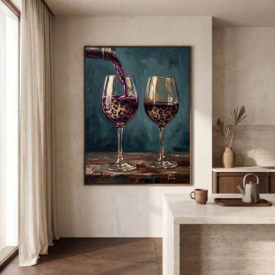 Leopard wine glass canvas poster displayed above a home bar
