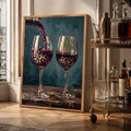 Leopard wine glass canvas artwork beside a brass bar cart