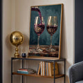 Leopard wine glass canvas poster leaning on a living room console