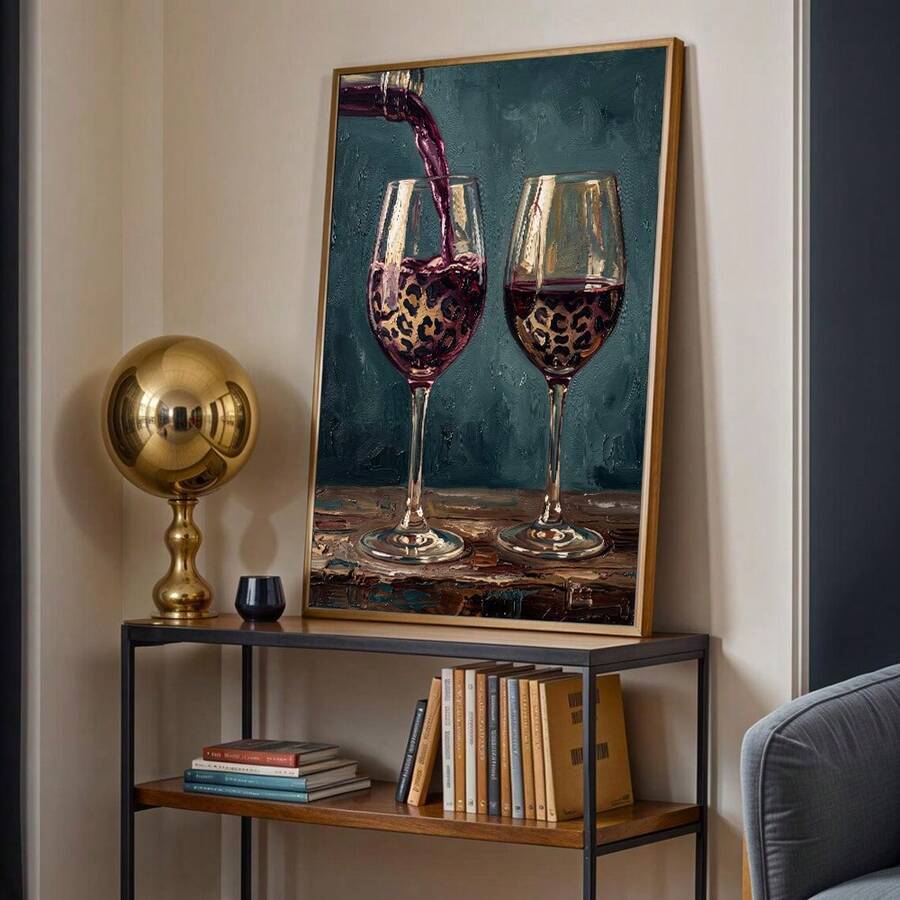 Leopard wine glass canvas poster leaning on a living room console