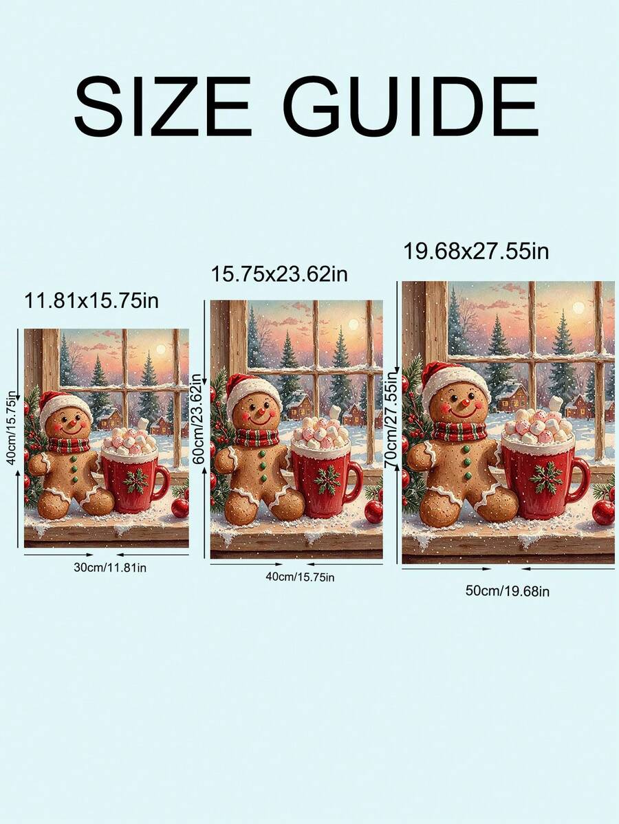 Size guide showing multiple dimensions for framed and unframed gingerbread Christmas canvas poster