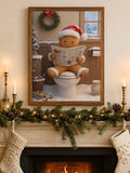 Framed gingerbread holiday canvas poster styled in a bright entryway above a light wood console