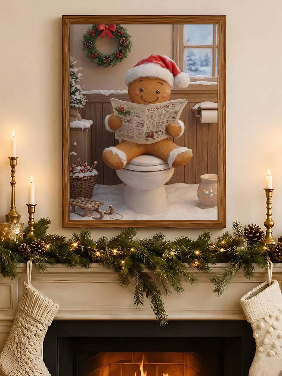Framed gingerbread holiday canvas poster styled in a bright entryway above a light wood console