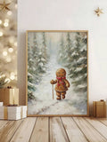 Framed Christmas gingerbread canvas poster with a cookie character, red mug, marshmallows, and snowy window