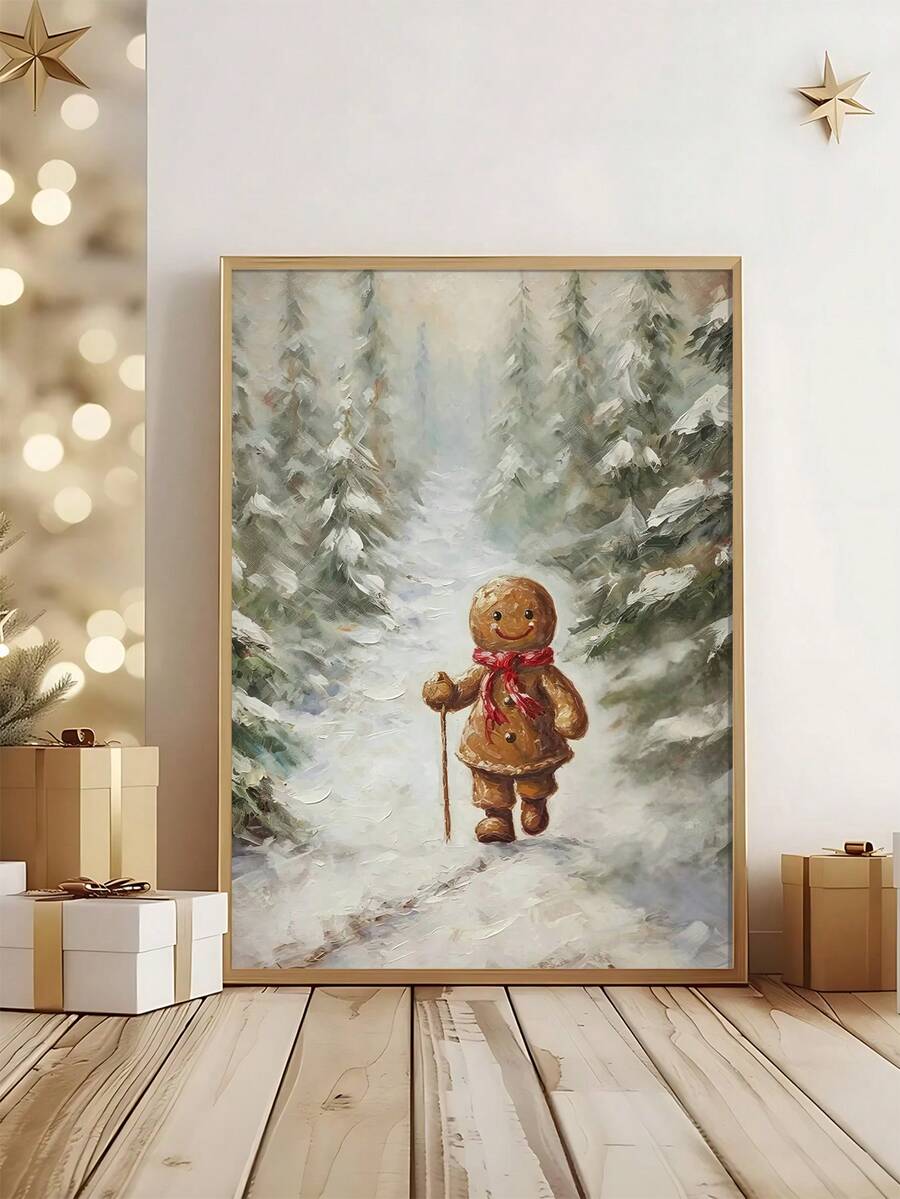 Framed Christmas gingerbread canvas poster with a cookie character, red mug, marshmallows, and snowy window