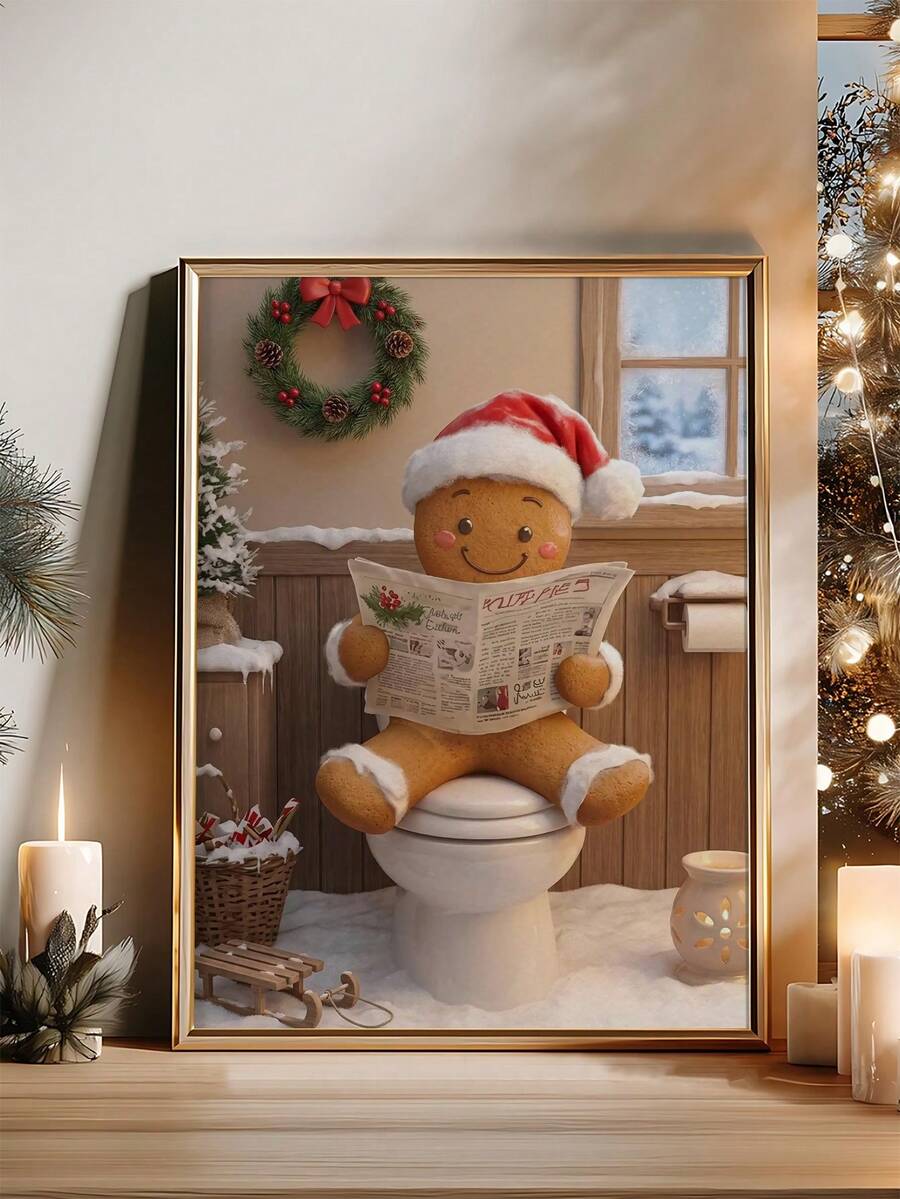 Framed gingerbread Christmas canvas poster with a Santa-hat character reading a newspaper beside a wreath