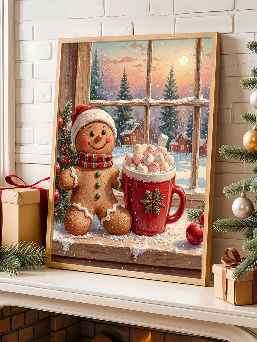 Framed cozy gingerbread Christmas wall art displayed above a mantel with greenery and candles