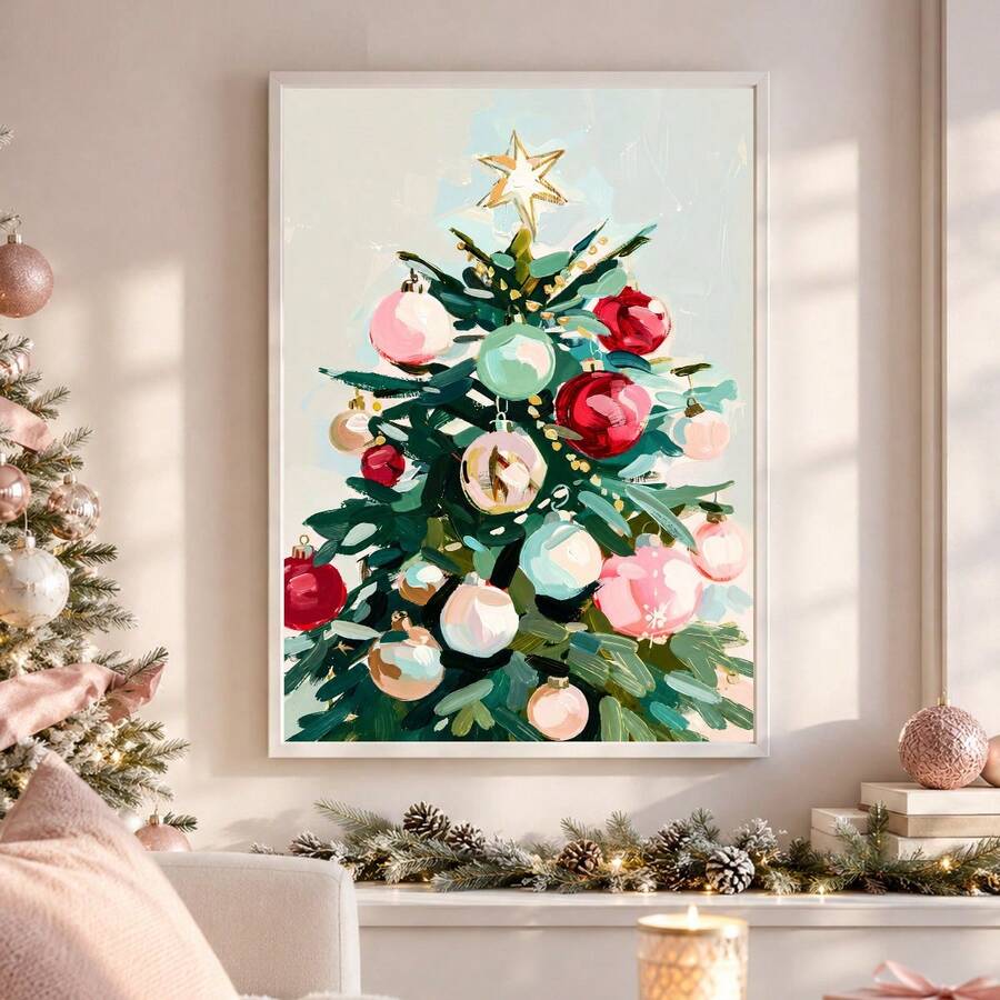 Modern holiday wall art showing a painterly green Christmas tree with pink red mint and cream ornaments