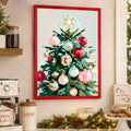 Black framed Christmas tree wall art with red pink and mint ornaments on a pale background