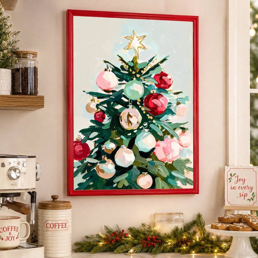 Black framed Christmas tree wall art with red pink and mint ornaments on a pale background