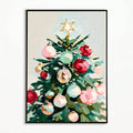 Close-up of colorful Christmas tree canvas artwork with gold star and layered painterly brushstrokes