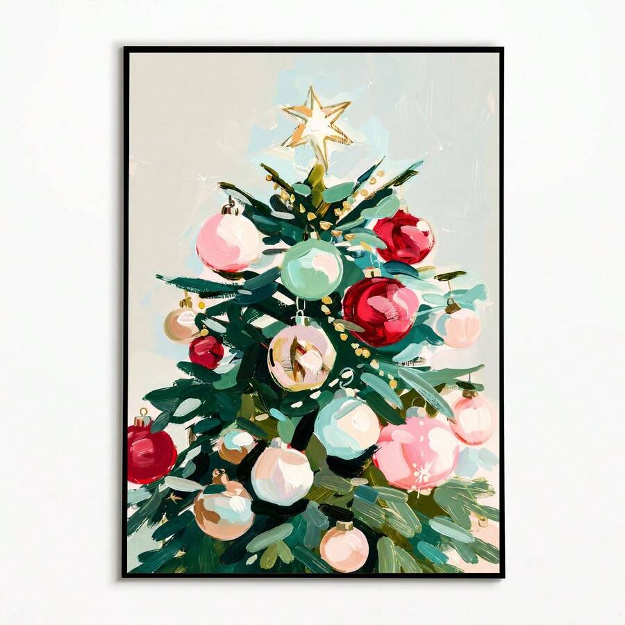 Close-up of colorful Christmas tree canvas artwork with gold star and layered painterly brushstrokes