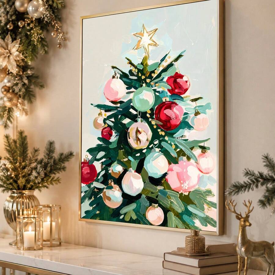 White framed Christmas tree poster styled with holiday garland in a bright living room