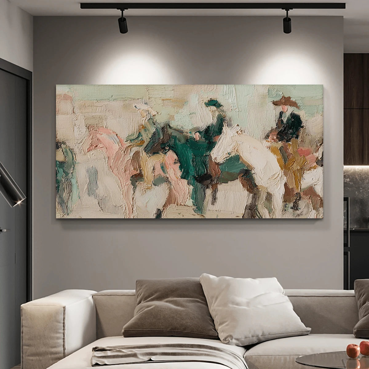 Bring the energy of an abstract equestrian scene into your home with this expressive oil-painting-style canvas. Loose, textured brushwork suggests riders moving across a group of horses, with a pale cream ground balanced by forest green, dusty rose, muted blue, and warm brown.